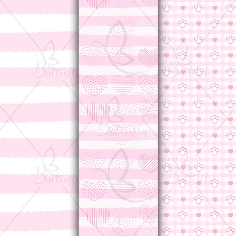 May include: Three pink and white patterned digital paper designs. The first design is pink and white stripes. The second design is pink and white stripes with white polka dots, hearts, and lines. The third design is a pink and white gingham pattern with white paw prints and hearts.