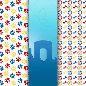 May include: A digital design featuring three distinct patterns. One pattern displays paw prints in red, blue, and yellow on a white background. Another shows a blue silhouette of a city skyline. The third pattern has paw prints and bones.