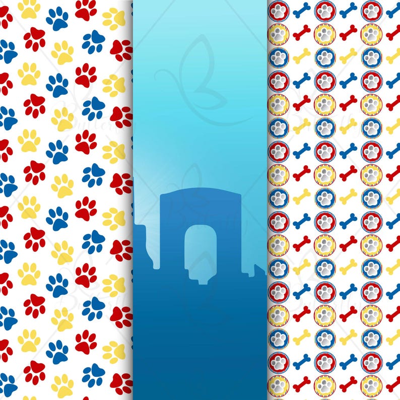 May include: A digital design featuring three distinct patterns. One pattern displays paw prints in red, blue, and yellow on a white background. Another shows a blue silhouette of a city skyline. The third pattern has paw prints and bones.