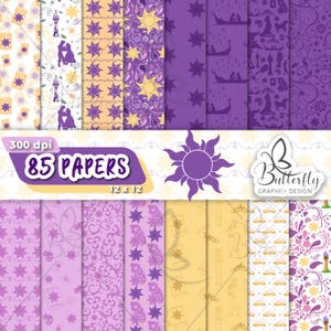 May include: A collection of 85 patterned papers, each 12 x 12 inches, featuring designs in shades of purple, yellow, and white. The papers showcase various patterns, including sunbursts, lanterns, and silhouettes, with the text "85 PAPERS" and "Butterfly Graphic Design".