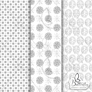 May include: Three digital paper patterns featuring a white background with gray designs. The first pattern is a repeating pattern of gray circles. The second pattern is a repeating pattern of gray turtle shells with a gray ninja star. The third pattern is a repeating pattern of gray turtle shells with a gray katana sword.