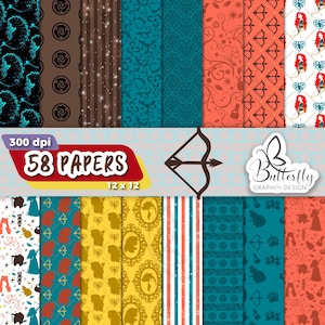 May include: A digital paper pack featuring 58 unique 12x12 inch designs. The patterns include floral, bow and arrow, and silhouette motifs in teal, orange, brown, and yellow. The pack is labeled "58 PAPERS" and "Butterfly Graphic Design."