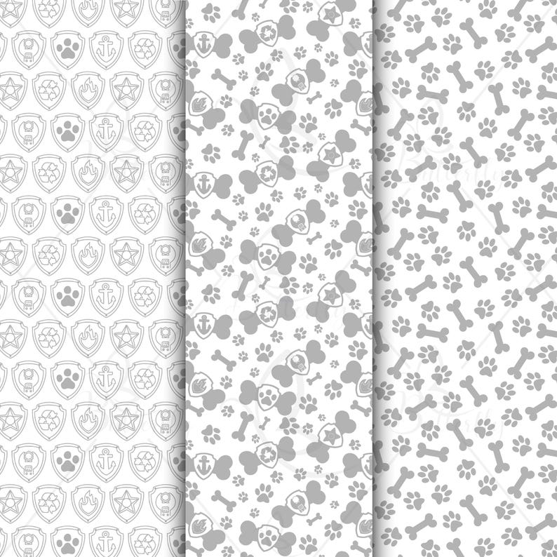 May include: Three seamless patterns featuring dog-themed designs. One pattern has paw prints, bones, and badges. Another has badges, anchors, stars, and paw prints. The third pattern has paw prints and bones. All patterns are in shades of gray and white.