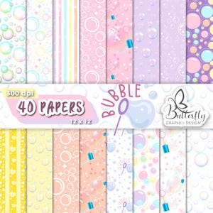 Pode incluir: Uma coleção de 40 papéis digitais com padrões de bolhas e listras em cores pastel. Os papéis medem 30,48 x 30,48 cm e apresentam uma variedade de designs de bolhas, incluindo bolhas grandes e pequenas, e padrões de listras. O texto "Bubble" e "40 Papers" está incluído.