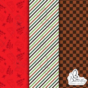 May include: Three digital paper patterns. The first pattern is red with a white pizza slice and the text "Pizza Time". The second pattern is white with diagonal stripes in green, brown, and red. The third pattern is brown and black checkered.