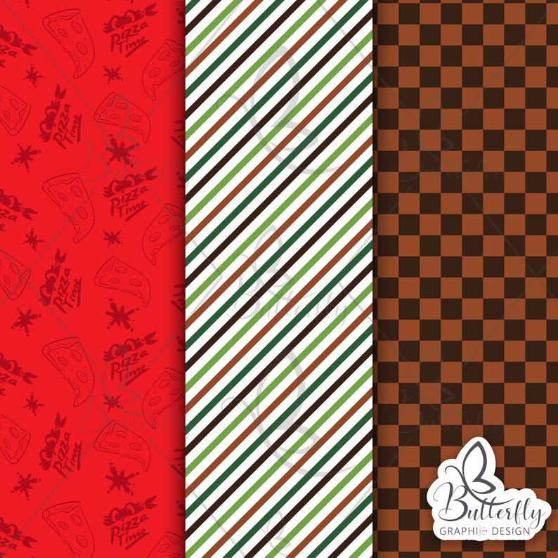 May include: Three digital paper patterns. The first pattern is red with a white pizza slice and the text "Pizza Time". The second pattern is white with diagonal stripes in green, brown, and red. The third pattern is brown and black checkered.