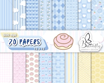 May include: A set of 70 digital papers in a blue and white color scheme with various patterns, including hearts, bows, and polka dots. The papers are 12x12 inches and 300 dpi. The image also includes a pink and white swirl design and the text "70 PAPERS".