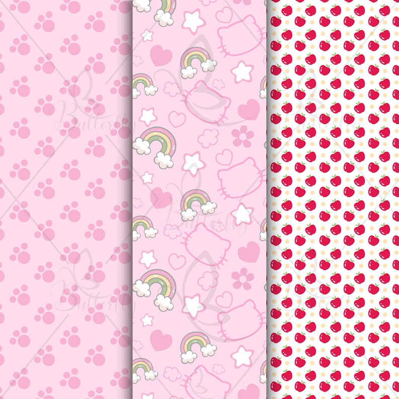 May include: Three digital paper patterns in pink, white, and red. The first pattern features pink paw prints on a light pink background. The second pattern features a pink background with white stars, hearts, flowers, and rainbows. The third pattern features red apples on a white background.