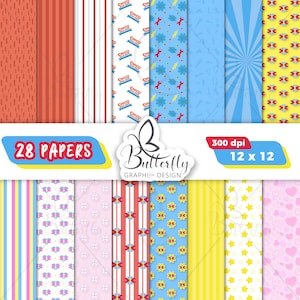 Pode incluir: Um conjunto de 28 papéis digitais com vários padrões, incluindo listras, bolinhas e desenhos geométricos. Os papéis são de várias cores, incluindo vermelho, azul, amarelo e rosa. Os papéis são de 30,5 cm por 30,5 cm e 300 dpi.