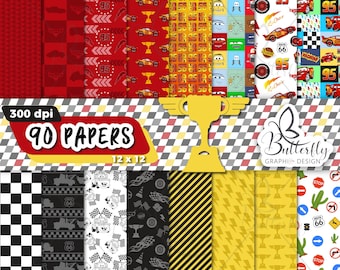 May include: A set of 90 digital papers featuring a racing theme. The papers include checkered flags, checkered patterns, racing stripes, lightning bolts, and a cactus with a stop sign. The papers are 12 inches by 12 inches and 300 dpi.