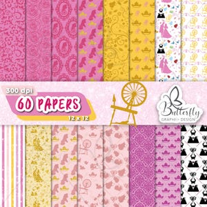 Peut inclure: Une collection de 60 papiers à motifs dans des tons de rose, jaune et blanc. Les motifs comprennent des motifs floraux, des silhouettes de princesses, des couronnes et un rouet. Le texte sur l'image indique "60 PAPIERS" et "12 x 12".