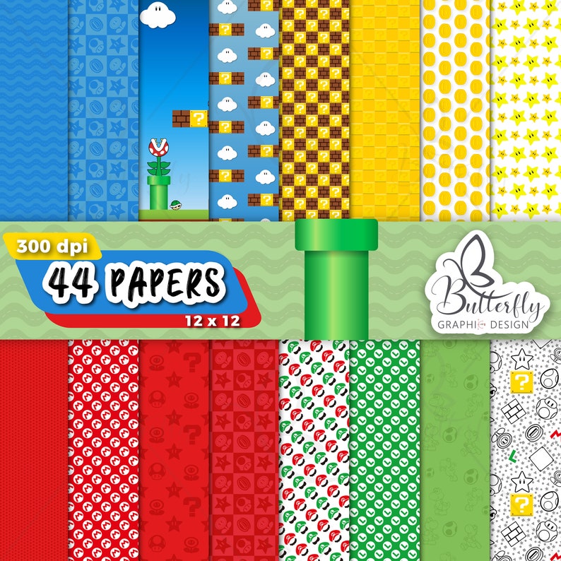 K&ouml;nnte beinhalten: Ein Set mit 44 digitalen Papieren mit verschiedenen Mustern, inspiriert vom beliebten Videospiel Super Mario Bros. Die Papiere umfassen eine Vielzahl von Farben, darunter Rot, Gr&uuml;n, Blau, Gelb und Wei&szlig;. Die Papiere sind 30,48 cm x 30,48 cm gro&szlig; und haben eine Aufl&ouml;sung von 300 dpi.