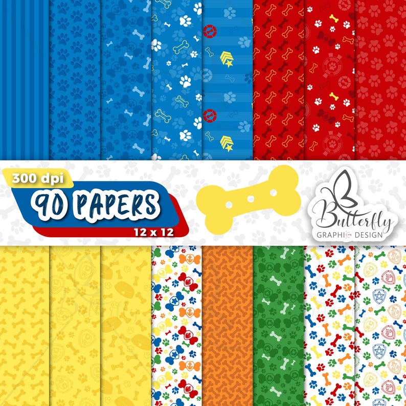May include: A collection of 90 digital papers with dog-themed patterns. The designs include paw prints, bones, and stripes in various colors like blue, red, yellow, and green. The papers are 12 x 12 inches and 300 dpi.