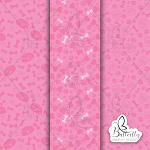 Puede incluir: Tres dise&ntilde;os de papel digital rosa con huellas de patas blancas, huesos y cuencos para perros. Los dise&ntilde;os son sin costuras y se pueden utilizar para scrapbooking, creaci&oacute;n de tarjetas y otras manualidades.