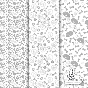 Puede incluir: Tres patrones de papel digital con huellas de patas, huesos, corazones, estrellas y un logotipo de la patrulla canina. Los patrones son en tonos grises sobre un fondo blanco.