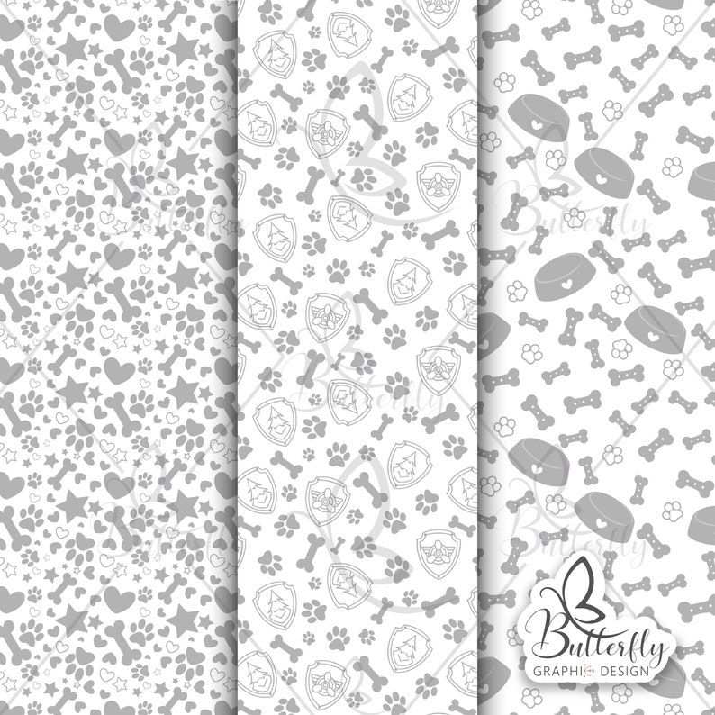 Puede incluir: Tres patrones de papel digital con huellas de patas, huesos, corazones, estrellas y un logotipo de la patrulla canina. Los patrones son en tonos grises sobre un fondo blanco.