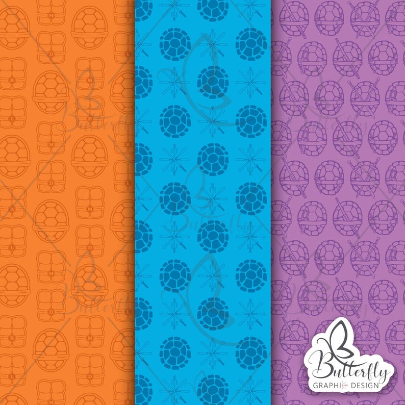 May include: Three seamless patterns featuring a turtle shell design. The patterns are in orange, blue, and purple.