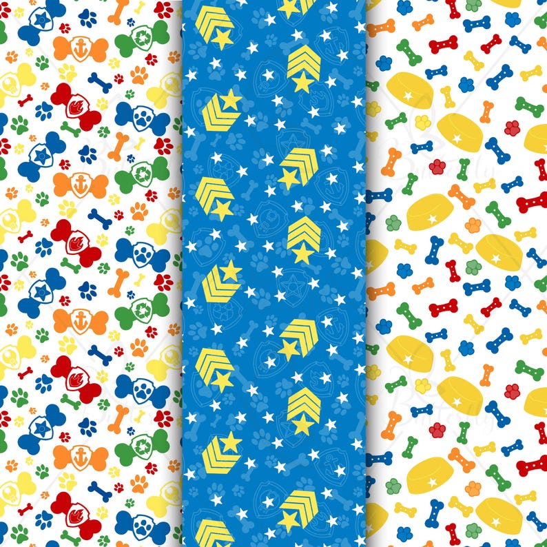 May include: A collection of colorful patterned papers featuring dog-themed designs. The patterns include paw prints, bones, and cartoon badges in red, blue, yellow, green, and orange. One paper has a blue background with yellow stars and chevrons.
