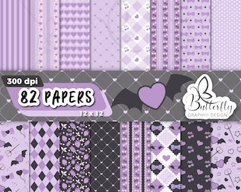 May include: A set of 82 digital papers in a purple and black color scheme. The papers feature various patterns including hearts, stripes, polka dots, and checkered designs. The papers are 12 inches by 12 inches and 300 dpi.