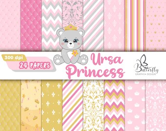 Princess Bear Digital Papers, princess, papers , pink and gray, papers pink and gray, digital princess