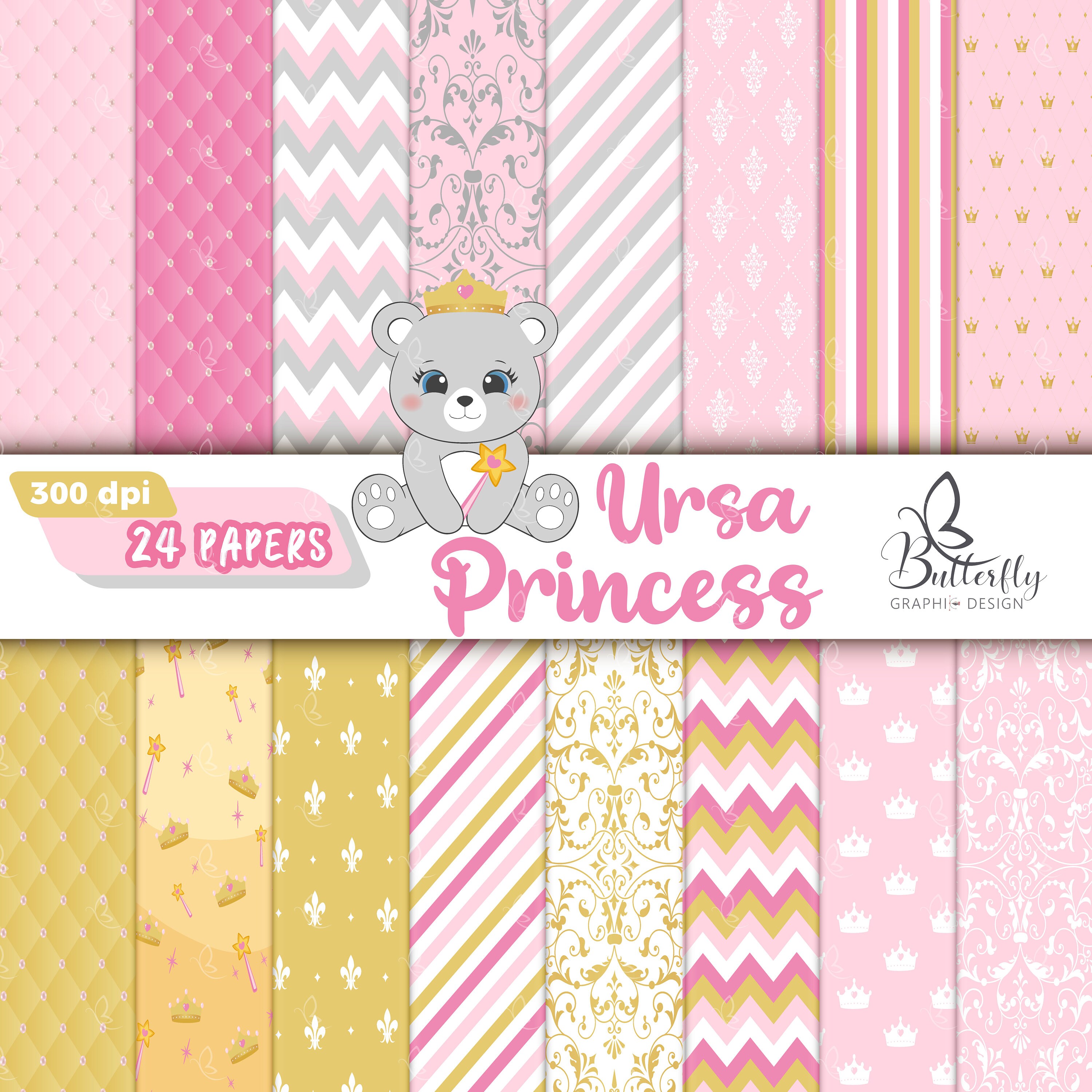 Princess Bear Digital Papers, Princess, Papers , Pink and Gray, Papers ...
