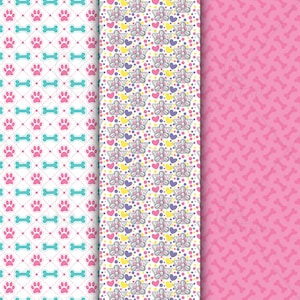 Puede incluir: Tres patrones sin costuras con dise&ntilde;os de tem&aacute;tica canina. El primer patr&oacute;n es blanco con huellas de patas rosas y formas de huesos azules. El segundo patr&oacute;n es blanco con corazones rosas, estrellas amarillas, puntos morados y huellas de patas de perro grises. El tercer patr&oacute;n es rosa con formas de huesos blancos.