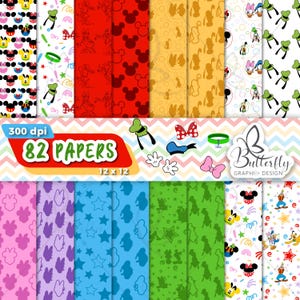 Peut inclure: Une collection de 82 papiers à motifs, de 30,5 x 30,5 cm, avec des motifs sur le thème de Disney. Les papiers présentent Mickey Mouse, Minnie Mouse, Donald Duck et d'autres personnages. La palette de couleurs comprend le rouge, le jaune, le rose, le bleu et le vert.