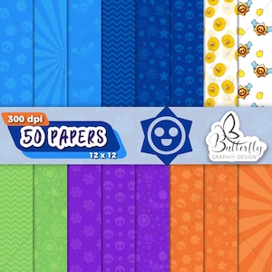 Pode incluir: Uma coleção de 50 papéis estampados, cada um com 30,48 x 30,48 cm, em várias cores e designs. Os papéis apresentam padrões repetidos de estrelas, caveiras e outros gráficos. A paleta de cores inclui azul, verde, roxo, laranja e branco. O texto "300 dpi" e "50 PAPERS" também é visível.