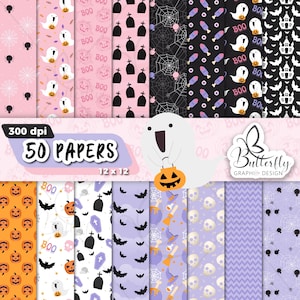 May include: A set of 50 digital Halloween themed papers in various patterns. The patterns include ghosts, pumpkins, bats, skulls, spiderwebs, and more. The papers are 12 inches by 12 inches and 300 dpi.
