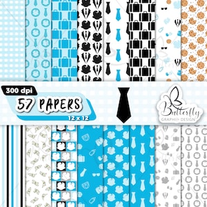 Pode incluir: Uma coleção de 57 papéis digitais com vários padrões, incluindo gravatas, malas e fatos, em tons de azul, preto e branco. Os papéis medem 30,48 x 30,48 cm e apresentam um design gráfico de borboleta.