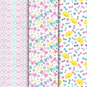 Puede incluir: Tres patrones de papel digital con huellas de patas, huesos y una huella de pata con un escudo y un &aacute;rbol. Los patrones son en rosa, azul, amarillo y morado sobre un fondo blanco.
