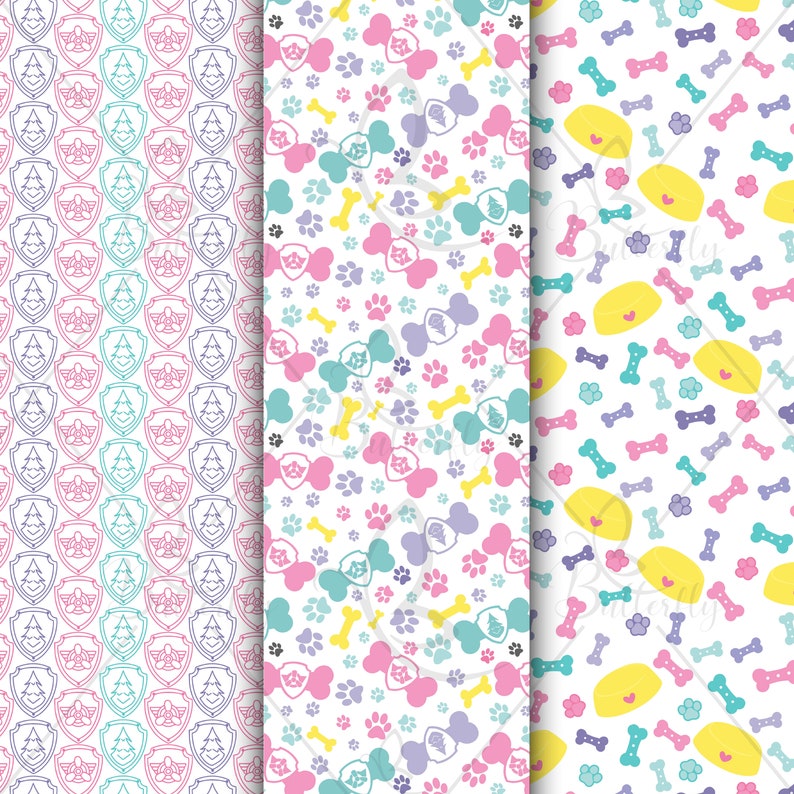Puede incluir: Tres patrones de papel digital con huellas de patas, huesos y una huella de pata con un escudo y un &aacute;rbol. Los patrones son en rosa, azul, amarillo y morado sobre un fondo blanco.