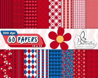 May include: A set of 60 digital papers in red, white, and blue with various patterns, including hearts, stars, stripes, and gingham. The papers are 300 dpi and 12x12 inches.