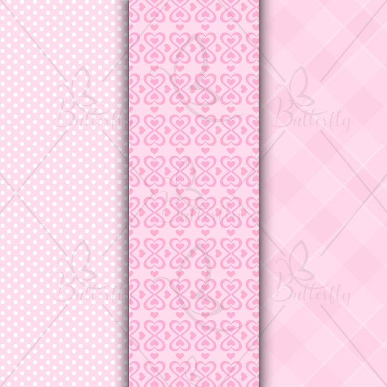 May include: Three pink digital paper patterns. The first pattern is a polka dot pattern. The second pattern is a repeating pattern of pink hearts. The third pattern is a pink plaid pattern.