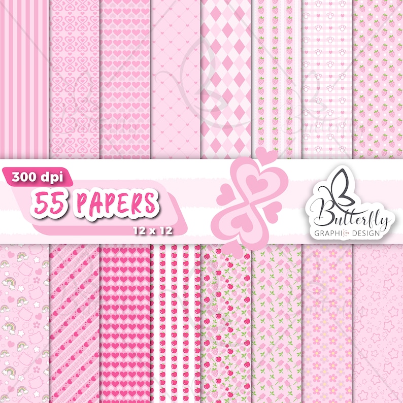 May include: A set of 55 digital papers in pink and white with various patterns, including hearts, stripes, polka dots, and strawberries. The papers are 12 inches by 12 inches and 300 dpi. The text "55 PAPERS" is in a pink banner with a white background.