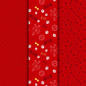 May include: Red patterned background with three vertical panels. The left panel has a repeating textured design. The center panel features white paw prints, yellow bones, and circular emblems on a red background. The right panel has a repeating paw print and bone pattern.