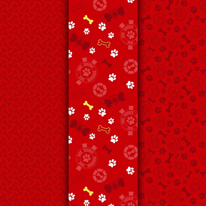 May include: Red patterned background with three vertical panels. The left panel has a repeating textured design. The center panel features white paw prints, yellow bones, and circular emblems on a red background. The right panel has a repeating paw print and bone pattern.