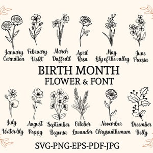 Birth Month Flowers Svg, Wildflower svg,Birthday Flower, Flower Clipart, Botanical svg ,Floral Svg ,Daisy svg ,Poppy svg png,Rose svg