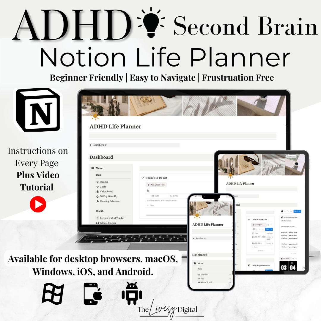 ADHD Second Brain Notion Planner Aesthetic Notion Planner All in One ...