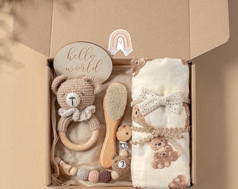 Baby gift set box | Newborn | Gift Box | Wooden | Hamper | Teddy Bear | New Mum | unisex | Baby Shower | girl Boy | Netural | Organic