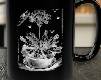 Caneca Venus Flytrap, Preto 15oz, Ilustração Vintage, Planta Carnívora