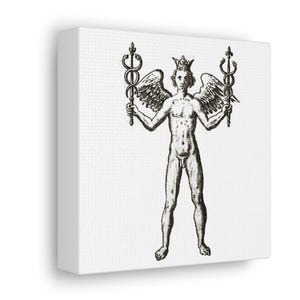 Op de afbeelding: Een zwart-witte lijntekening van een gevleugelde figuur met een kroon, die twee stokken vasthoudt met slangen die eromheen gewikkeld zijn.