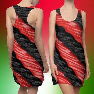 May include: A sleeveless dress with a red and black candy cane stripe pattern.