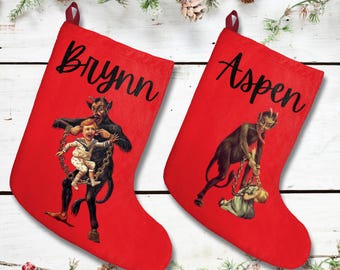 Krampus Christmas Stockings, Personalized, Name, Dark Holiday Decor