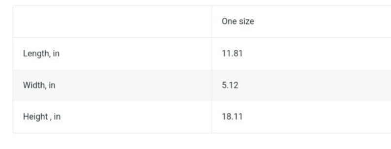 May include: A table with measurements in inches: Length 11.81 inches, Width 5.12 inches, Height 18.11 inches.