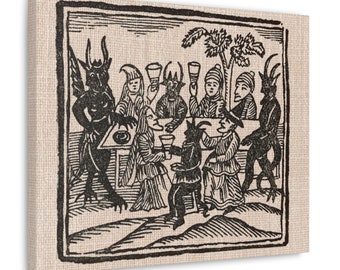 Witches and Demons Dining Canvas Print, Goth Dining Room Decor, Woodcut Print, Engraving, 1500s