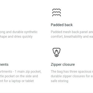 May include: A diagram showing the features of a backpack. The backpack is made of 100% polyester, has a padded back, many compartments, and a zipper closure.
