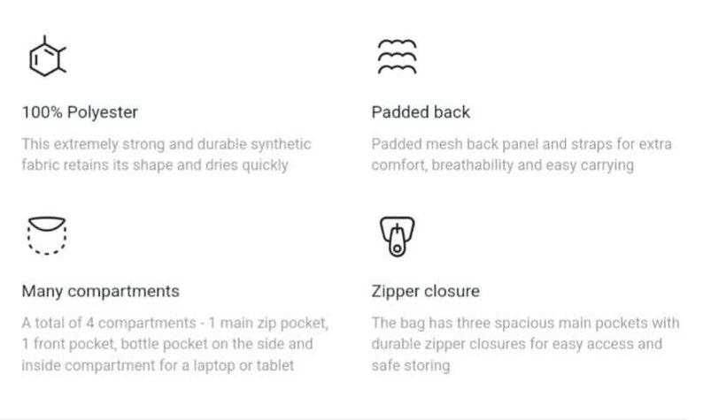 May include: A diagram showing the features of a backpack. The backpack is made of 100% polyester, has a padded back, many compartments, and a zipper closure.