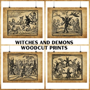 Witches and Devils Woodcut Prints, 1700s, Dancing, Dining, Flying, Historical Demons