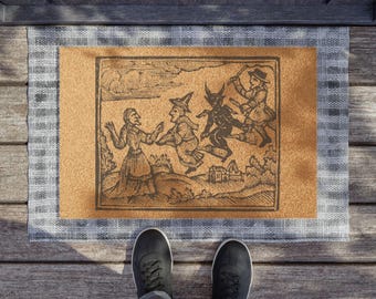 Capacho voador de bruxas, tapete de boas-vindas de fibra de coco, decoração de casa com tema de bruxas, inauguração de casa gótica